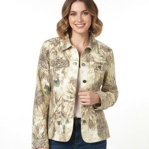 Analogy Floral Tapestry Jacket Womens M Earth Tone Boho Button Front Stretch